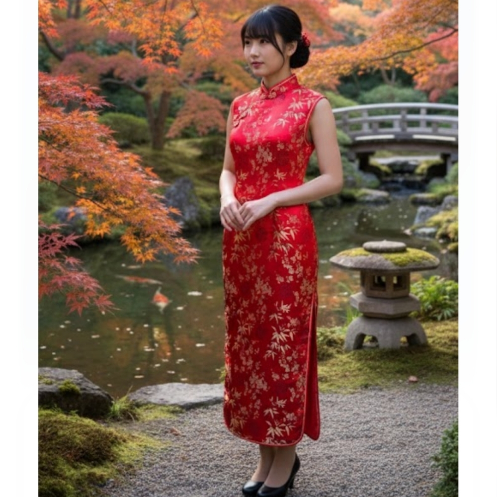 Binh Thuân Red Traditional Chinese Cheongsam Qipao Long Dress - Size L,